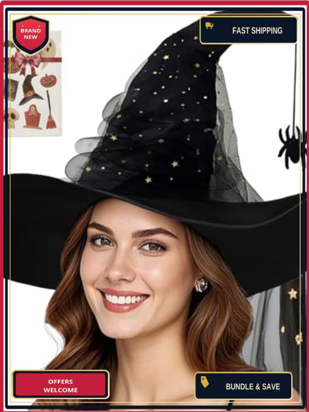 Witch Hat Lace Veil Spider Gold Stars Halloween Costume Accessory